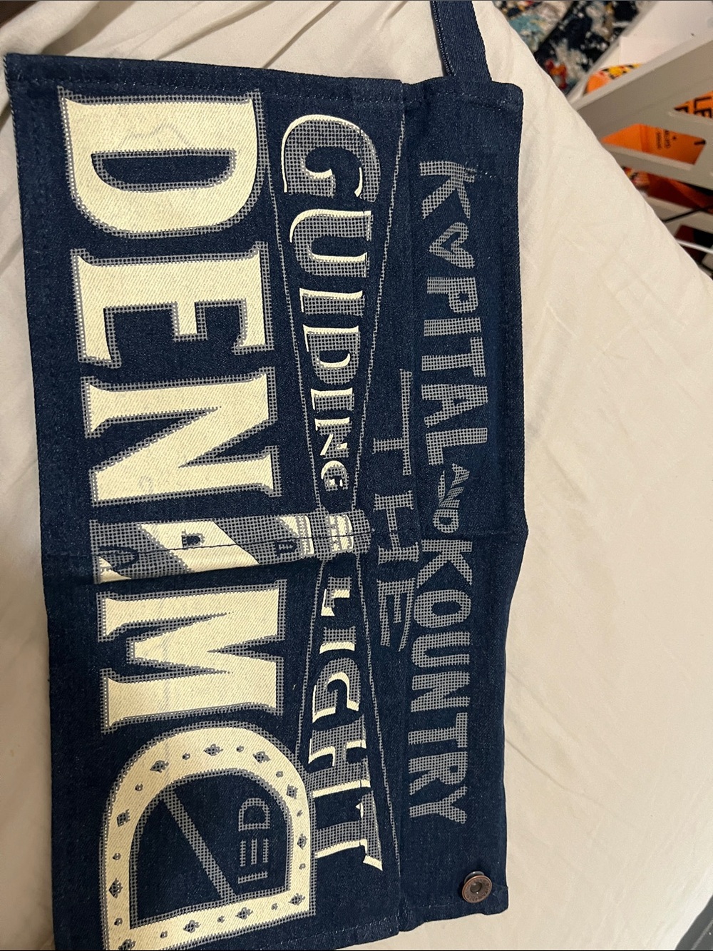 Kapital Navy Denim Messenger Bag with Cream Graphic